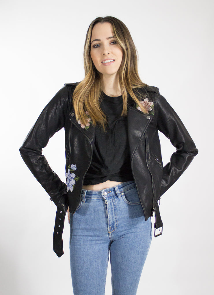 Floral Embroidered Vegan Moto Jacket