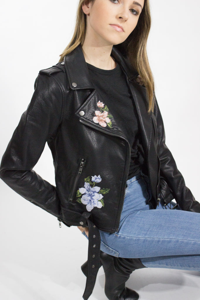 Floral Embroidered Vegan Moto Jacket