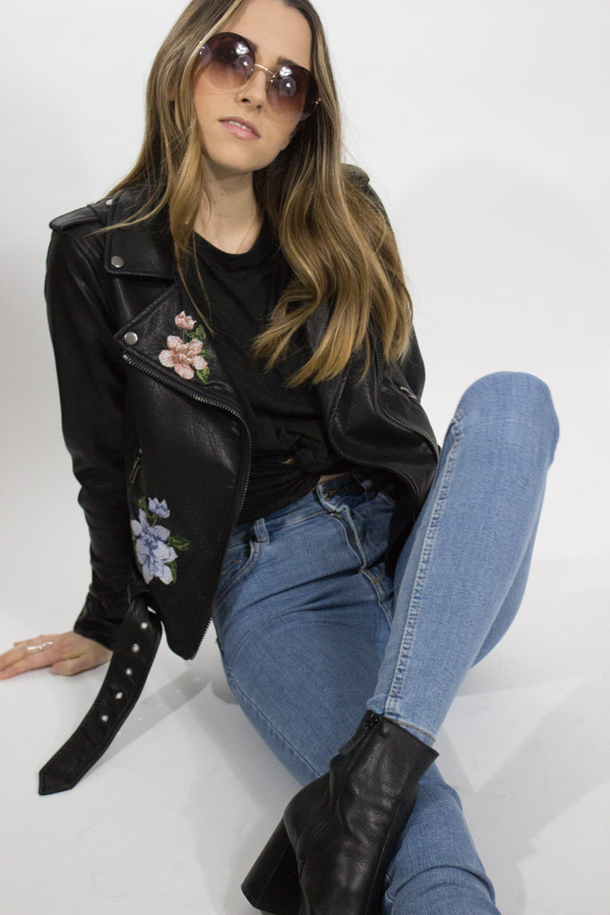Floral Embroidered Vegan Moto Jacket